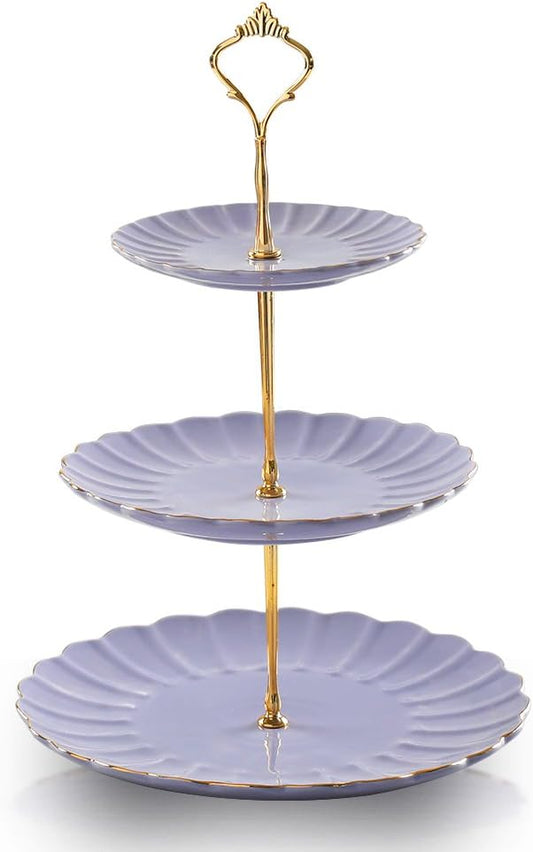 Sweejar 3 Tier Ceramic Cake Stand Wedding, Dessert Cupcake Stand for Tea Party Serving Platter (Purple)