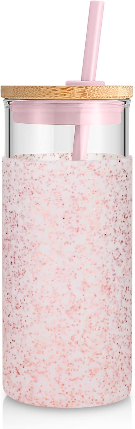 Tronco 20oz Glass Tumbler Glass Water Bottle Straw Silicone Protective Sleeve Bamboo Lid - BPA Free (Dot Pink/ 1 Pack)