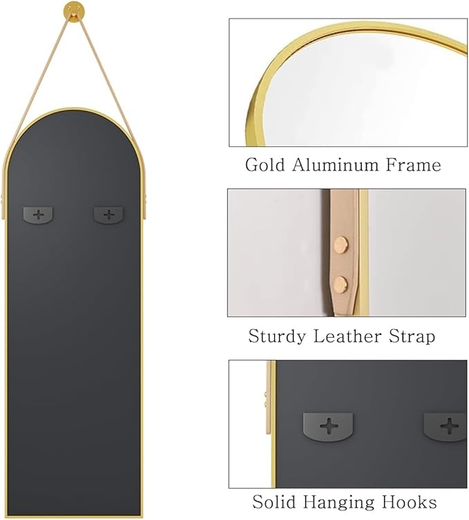 16"x48" Hanging Mirror with Leather Strap, Arched Full Length Mirror with - Image 6