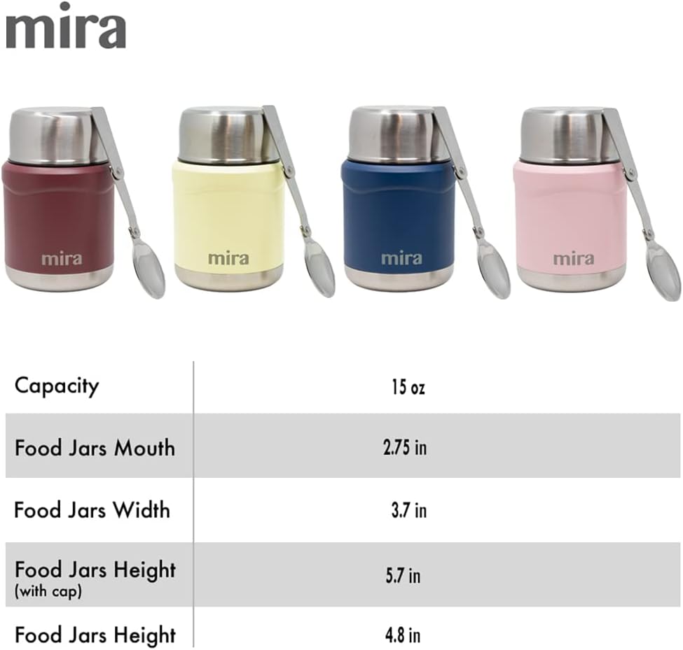 MIRA 15 oz Insulated Food Thermos for hot and cold foods - Leak-Proof Stainless Steel Container with Spoon - Black