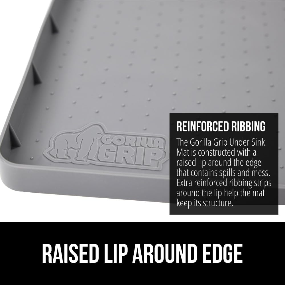GORILLA GRIP Waterproof Silicone Under Sink Mat with Raised Lip for Kitchen and Bathroom, 34 x 22 in, Cabinet Shelf Liner Stay in Place Mats Dishwasher Safe Drawer Liner, Organizer Tray, Gray