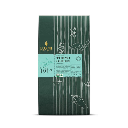 Luxmi Estates Tokyo Green Organic Green Tea (25 Tea Bags) Tea Bags For Relaxing, Calming, and Stress Relief, With Certified Organic Darjeeling Makaibari Green Tea