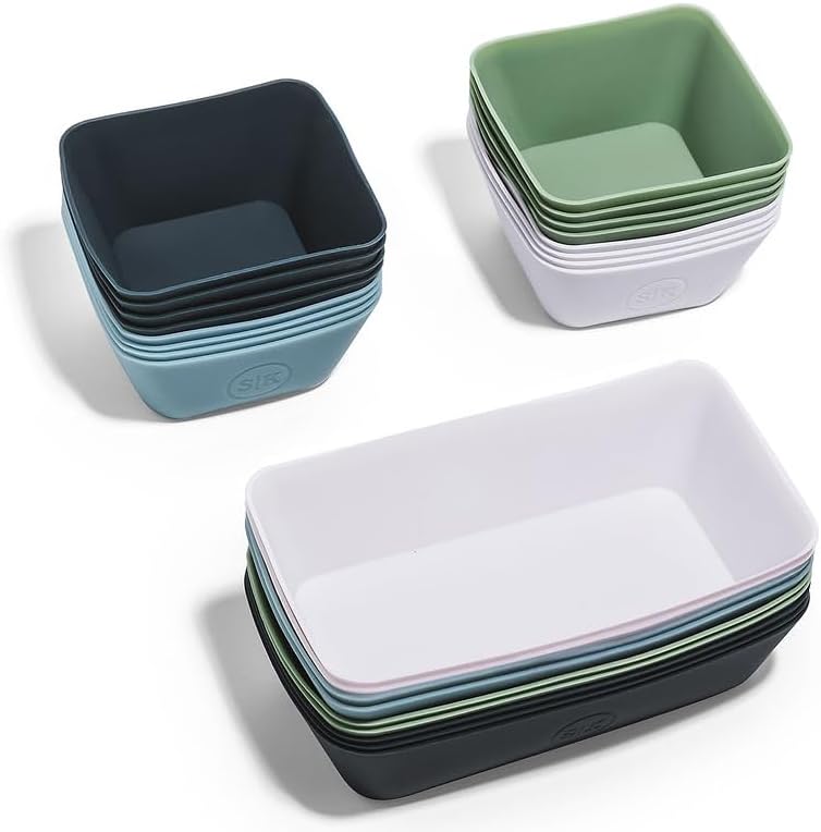 The Silicone Kitchen Reusable Silicone Bento Baking Cup, Non-Toxic, BPA Free, Dishwasher Safe Bento Box Accessories Lunch Box Dividers, Square and Rectangle, 24 Pack, Blue, White, Green
