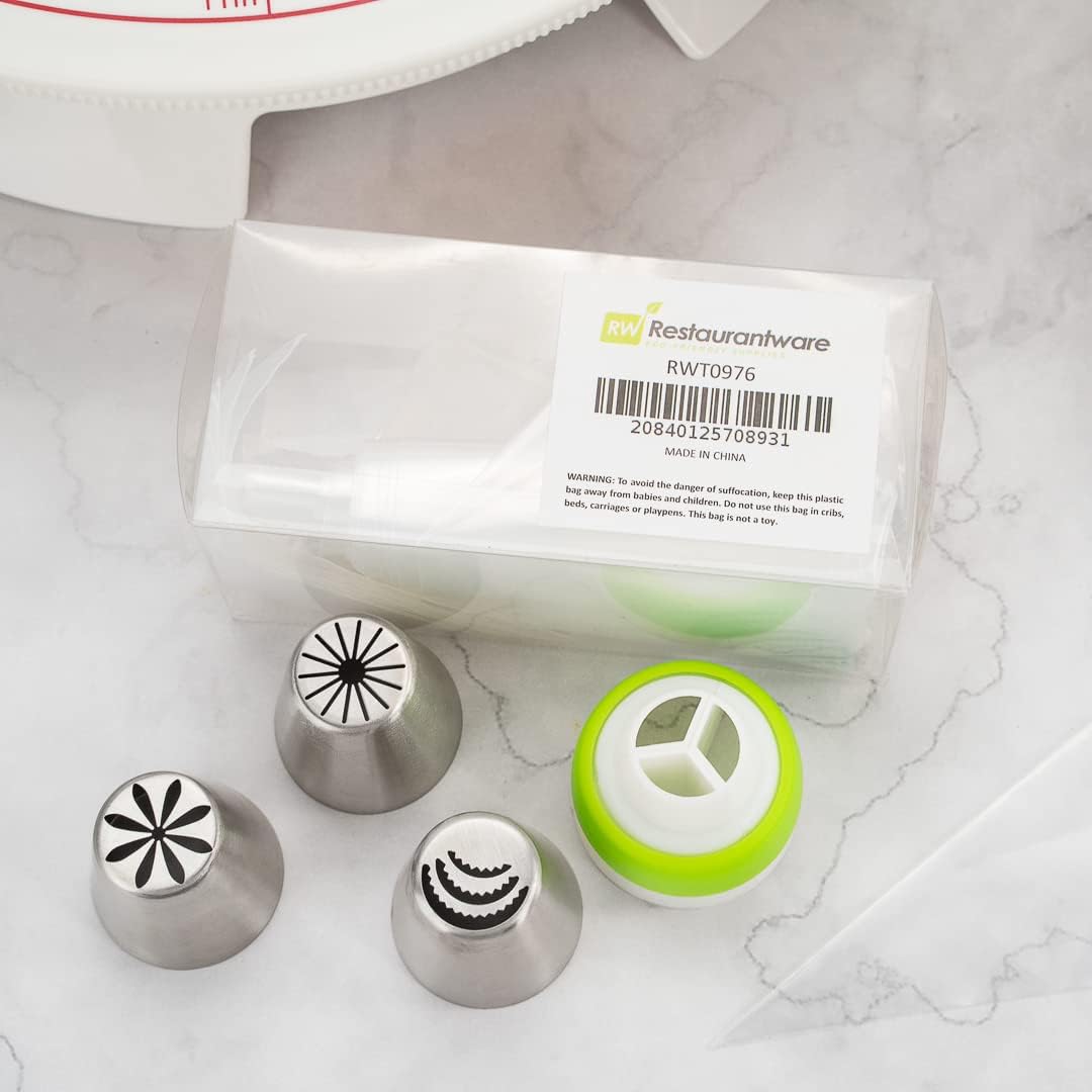 Restaurantware Pastry Tek Russian Piping Tips Set 20 Piece Durable Cake Decorating Kit - 9 Piping Tips 10 Piping Bags Stainless Steel Piping Bags And Tips Set 1 Tri-Color Coupler