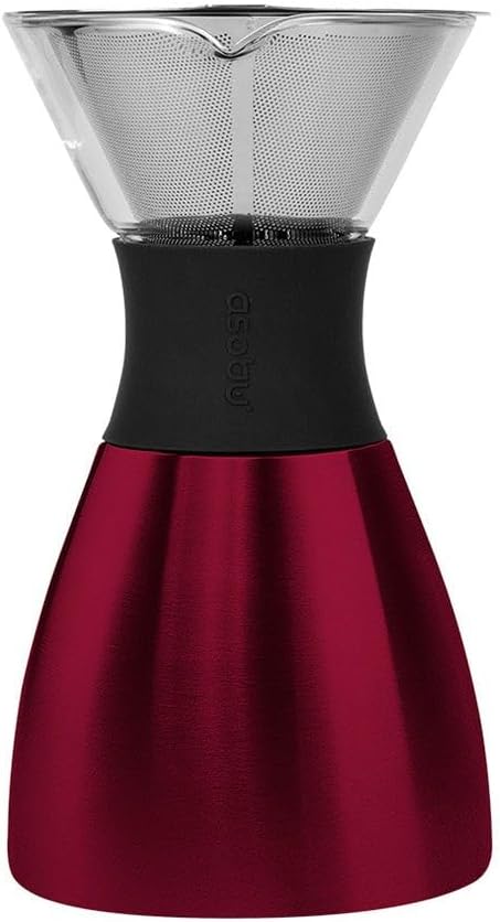 asobu Insulated Pour Over Coffee Maker (32 oz.) Double-Wall Vacuum, Stainless-Steel Filter and Take on the Go Carafe (Burgundy)