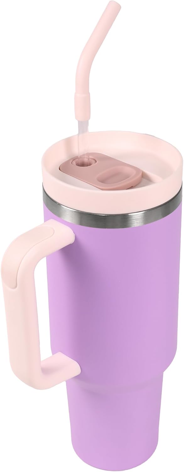 40 oz Water Bottle with Handle & Straw – Insulated Stainless Steel Bottle, Leakproof, Fits in Cup Holder – Reusable Cold Drink Thermos for Women & Men (Purple)