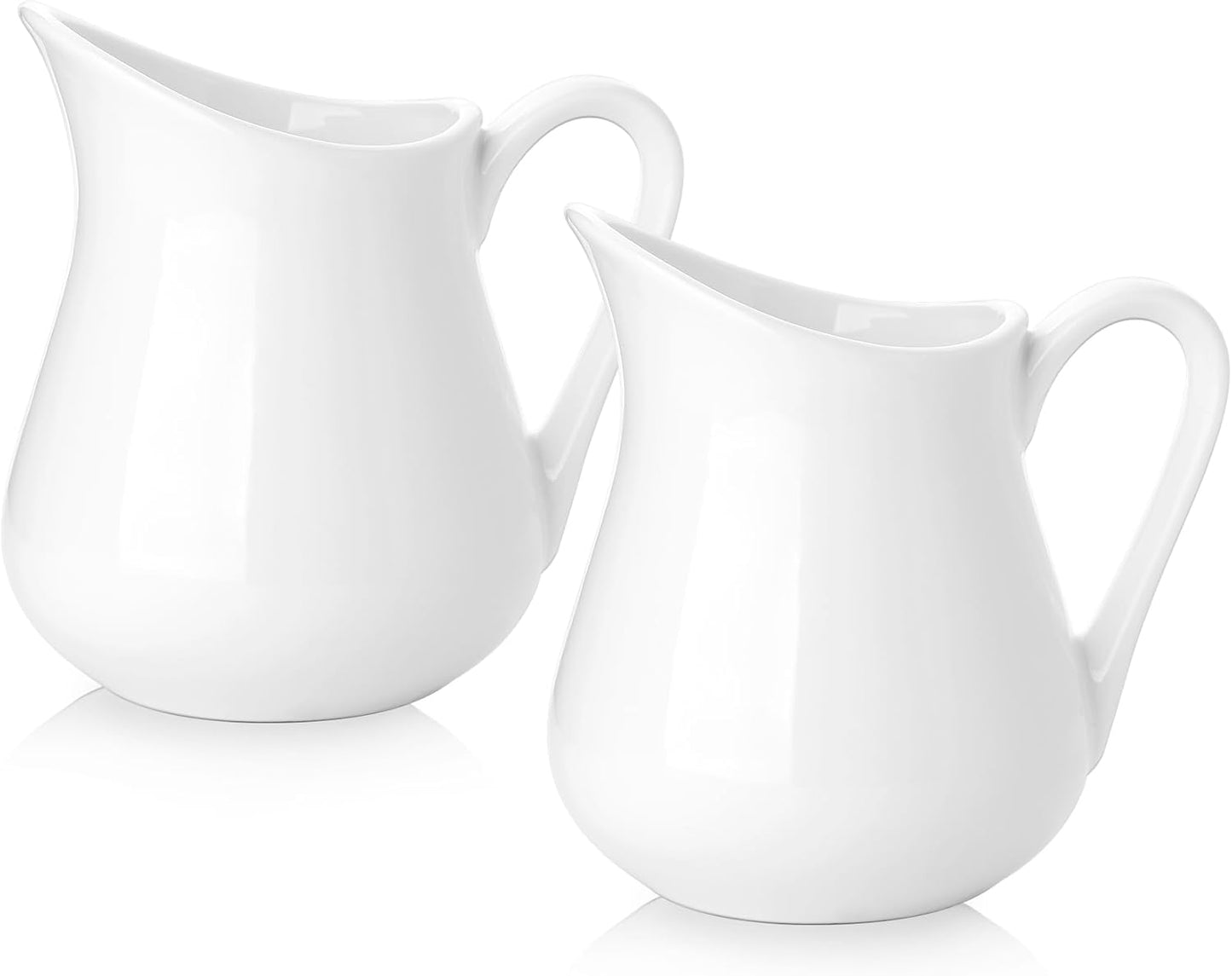 Nucookery 2 Pack 8 Oz White Creamer with Handle, Ceramic Small Creamer Pitcher Set of 2, Porcelain Small Milk Pitcher For Coffee Sauces Salad Milk, Microwave & Freezer Safe (8-Ounce, Set/2)