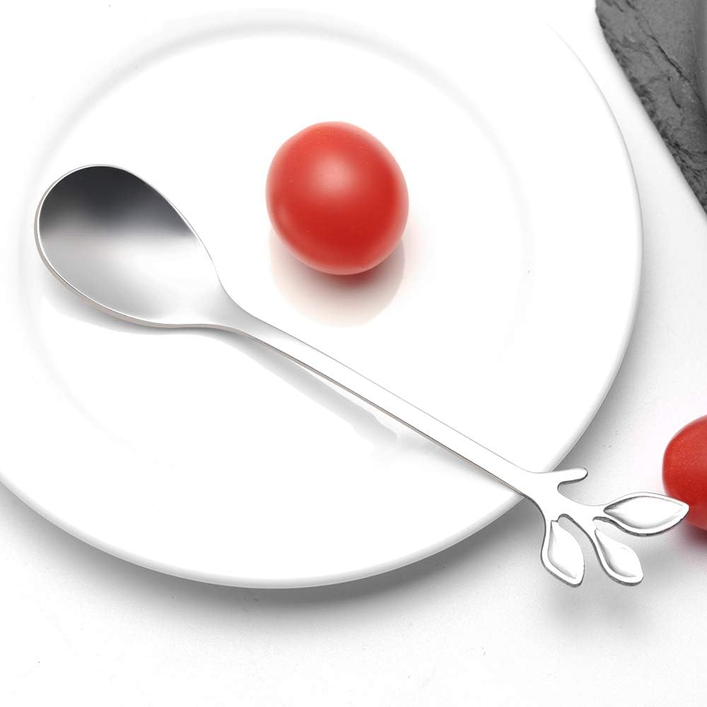 AnSaw 8-Pack Elegant Silver Leaf 4.7" Espresso Spoons - Stainless Steel, Perfect for Coffee, Demitasse, Dessert & Tea, Mini Size for Small Servings