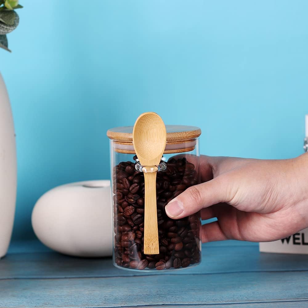Glass Jars with Bamboo Lids and Spoon, 17 OZ Set of 3 Small Glass Sugar Container with Wooden Lids and Scoop, Coffee Tea Jars for Loose Tea, Coffee Bar Containers