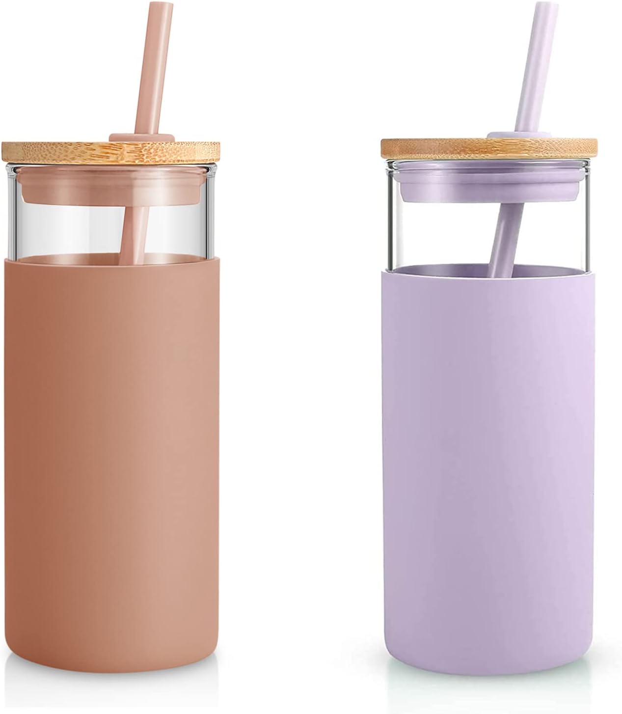 Tronco Glass Tumbler with Lid & Straw - Iced Coffee Cup & Smoothie Cup With Silicone Sleeve | BPA-Free, Dishwasher Safe | Reusable Glass Cups with Bamboo Lids and Straws
