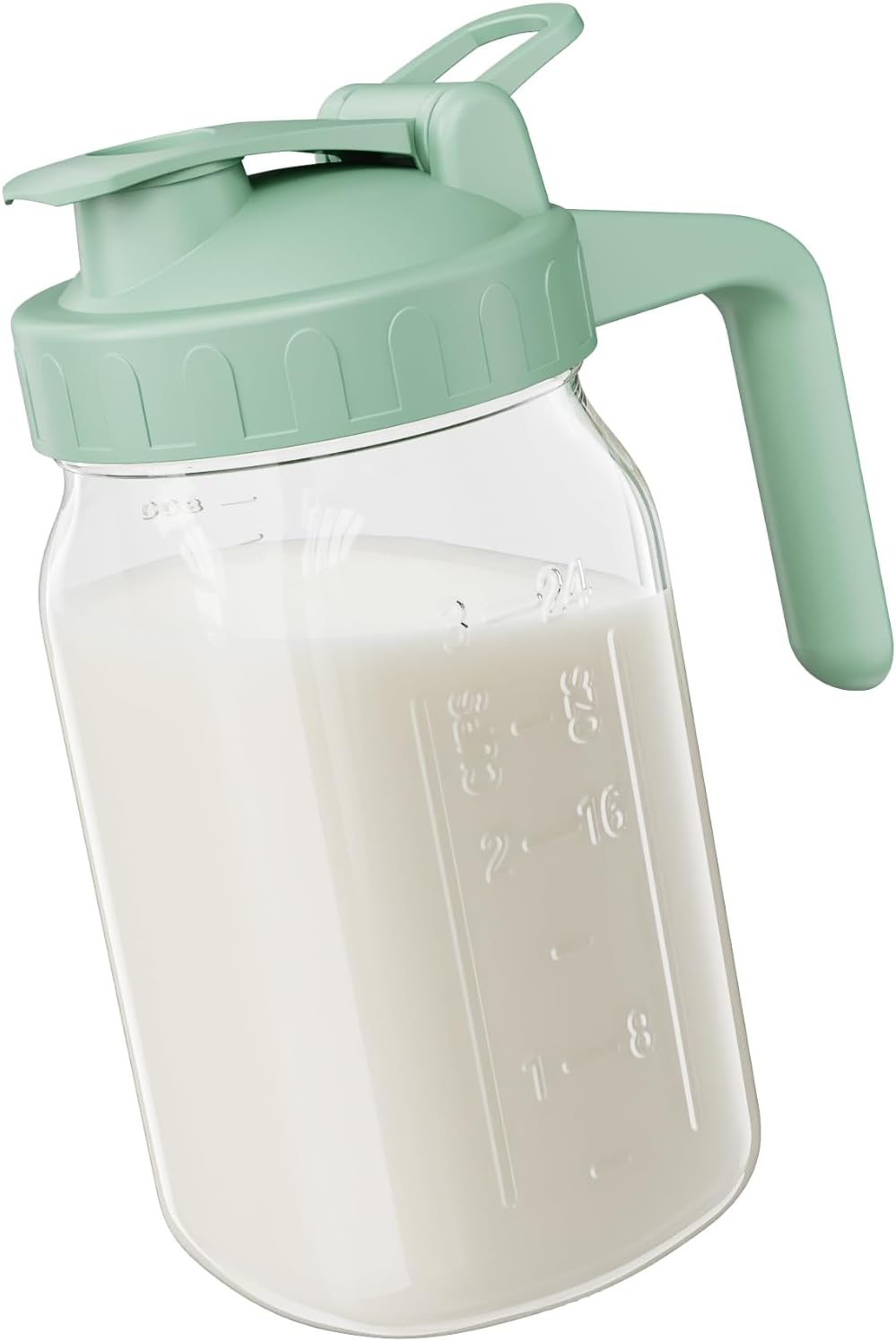 Breast Milk Pitcher Jug - 32 oz Glass Mason Jar Airtight Pitcher with Pour Spout Handle for Breastmilk, Iced Tea, Ice Drinks Storage Container（Green）