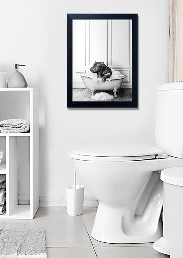 Black and White Bathroom Decor Funny Hippo in Bathtub Wall Art Framed Humor - Image 7