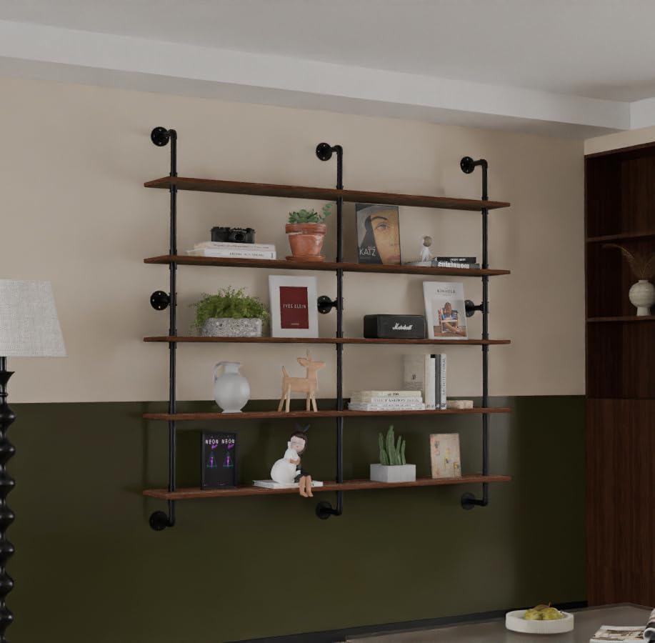 Industrial Pipe Shelf Shelving Bookcase, Wall Mounted Rustic Bookshelf 60 Inch, Floating Bookshelves for Wall,Retro Wood Metal Pipe Industrial Shelves for Living Room