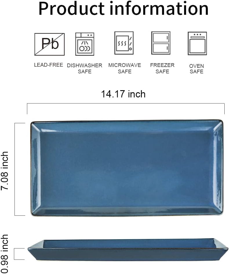 KOOV Ceramic Serving Tray, 14 Inches Large Serving Platter, Rectangular Serving Tray, Porcelain Serving Plates, Ceramic Serving Dishes for Dinner, Party, Sushi, Dessert, Food, Set of 4 (Stone Blue)
