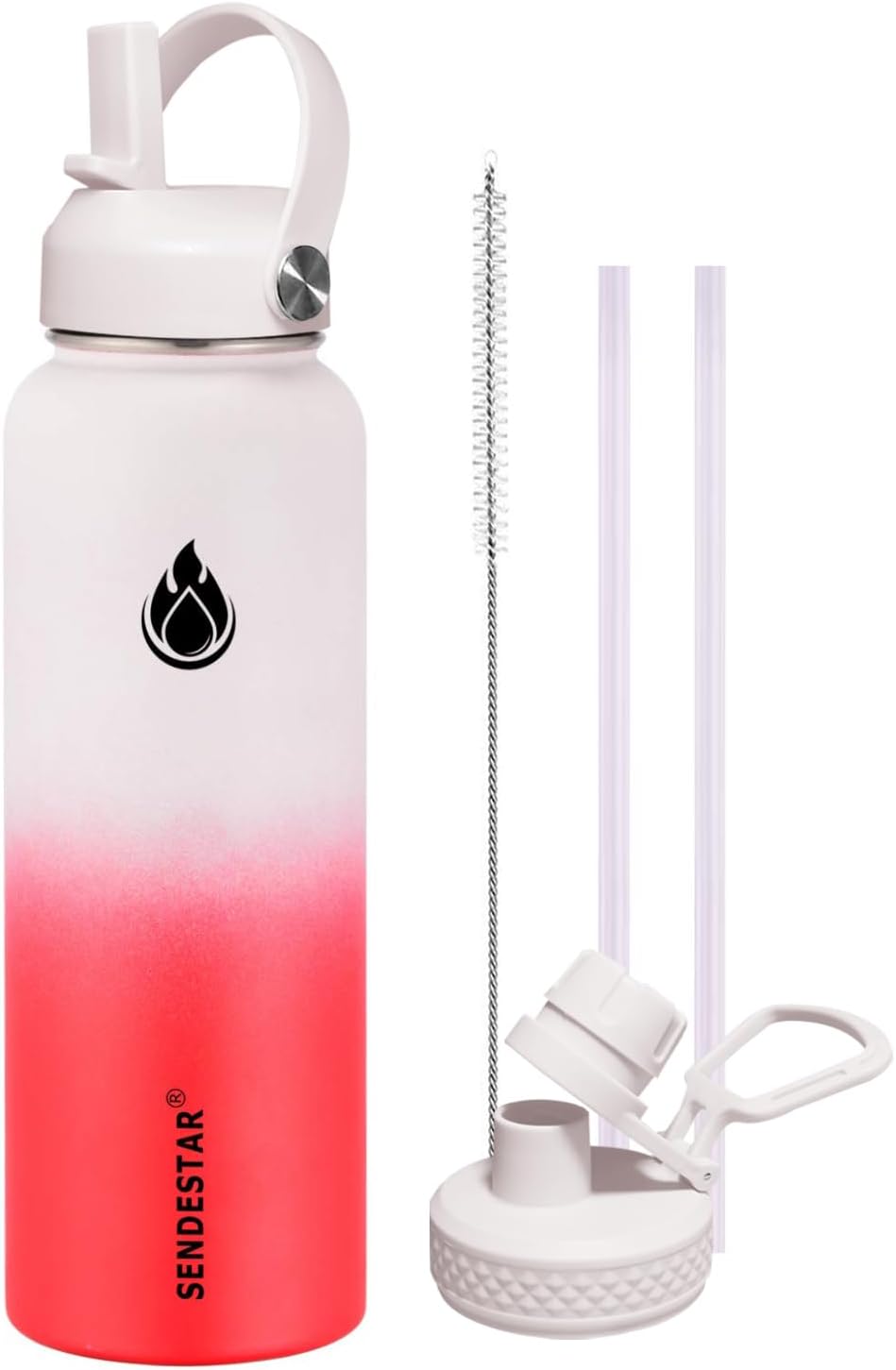 SENDESTAR Water Bottle 32oz Double Wall Vacuum Insulated Leak Proof Stainless Steel Sports Water Bottle—Wide Mouth with New Flex Straw Lid & Spout Lid (White&Red)