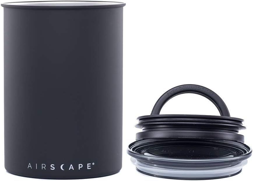 AirScape Planetary Design Stainless Steel Coffee Canister | Food Storage Container | US Patented Inner Plunger Lid REMOVES Excess Oxygen | Don't Buy airtight, Buy AIR-Less | (Medium, Matte Black)