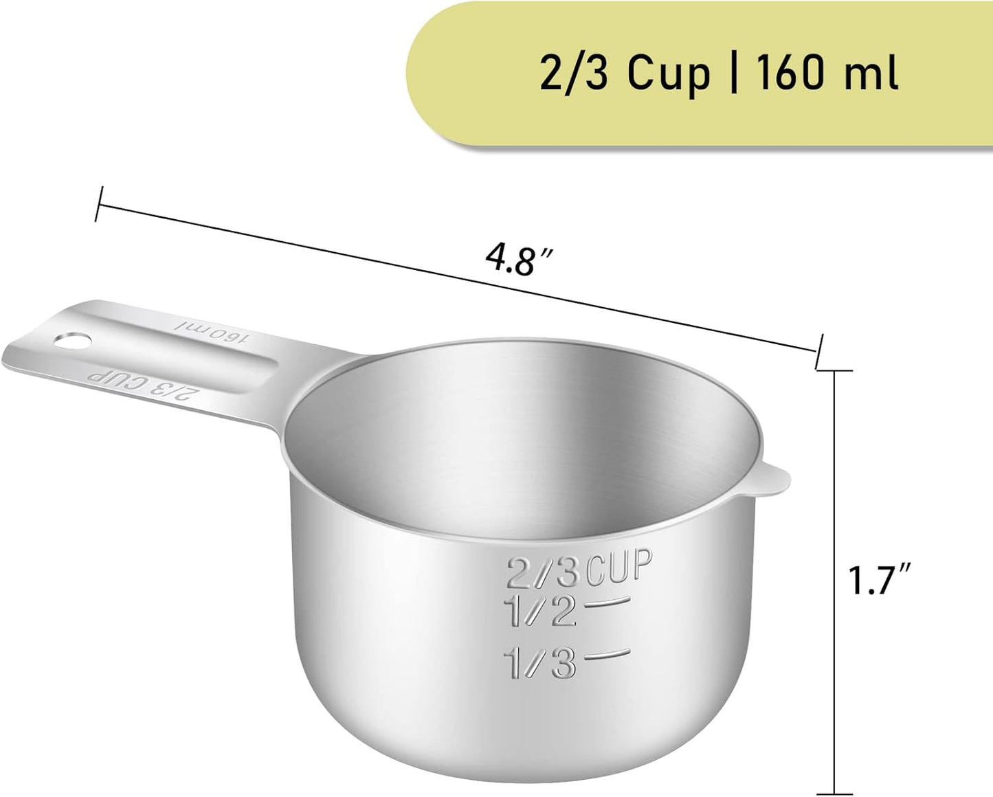2PCS 2/3Cup (160ml, 5.3oz) Single Measuring Cup, Stainless Steel Measure Scoop, Metric and US Measurement, Dishwasher Safe
