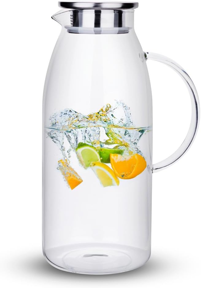 Purefold 100 Ounces Large Glass Pitcher with Lid, Hot/Cold Water Pitcher with Handle, Juice and Iced Tea Beverage Carafe