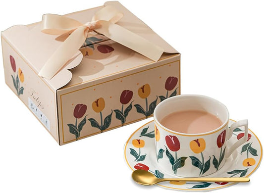 Ceramic Coffee Cup with Saucer, 8.5oz Floral Porcelain Tea Cup with Premium Gold Spoon and Gift Box, Dishwasher and Microwave Safe, Cup Mug for Coffee Cappuccino Espresso Latte