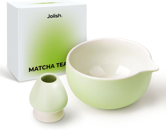Matcha Bowl and Whisk Holder Set, Ceramic Tea Bowl and Whisk Stand, Matcha Tea Mixing Bowl with Spout (18 Ounce), Whisk Rest, Light Green