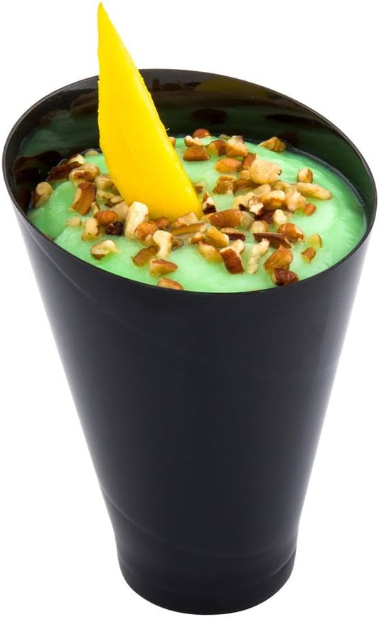 Restaurantware 7 Ounce Plastic Glasses 100 Round Incline Shooter Cups- Disposable Sturdy Black Plastic Round Bowls Unique Design For Soups Appetizers Or Desserts