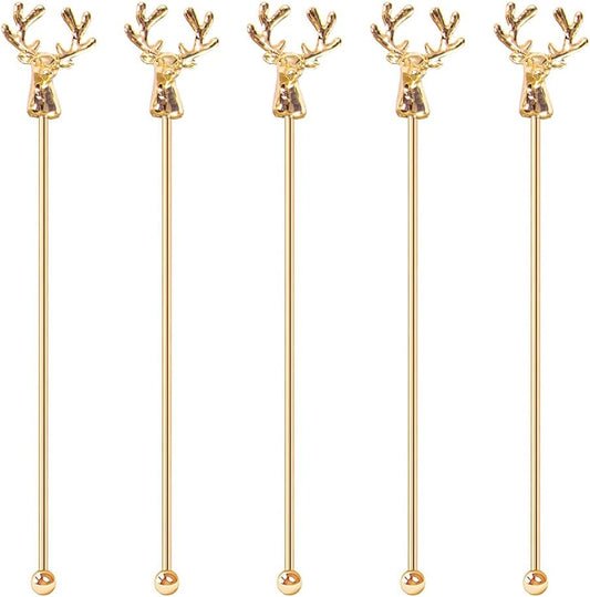 Swizzle Sticks,5 Pcs Stainless Steel Reusable Deer Head Shape Cocktail Stirrer Coffee Beverage Stir Sticks for Cocktail, Whiskey, Hot Cocoa, Creamer (Gold)