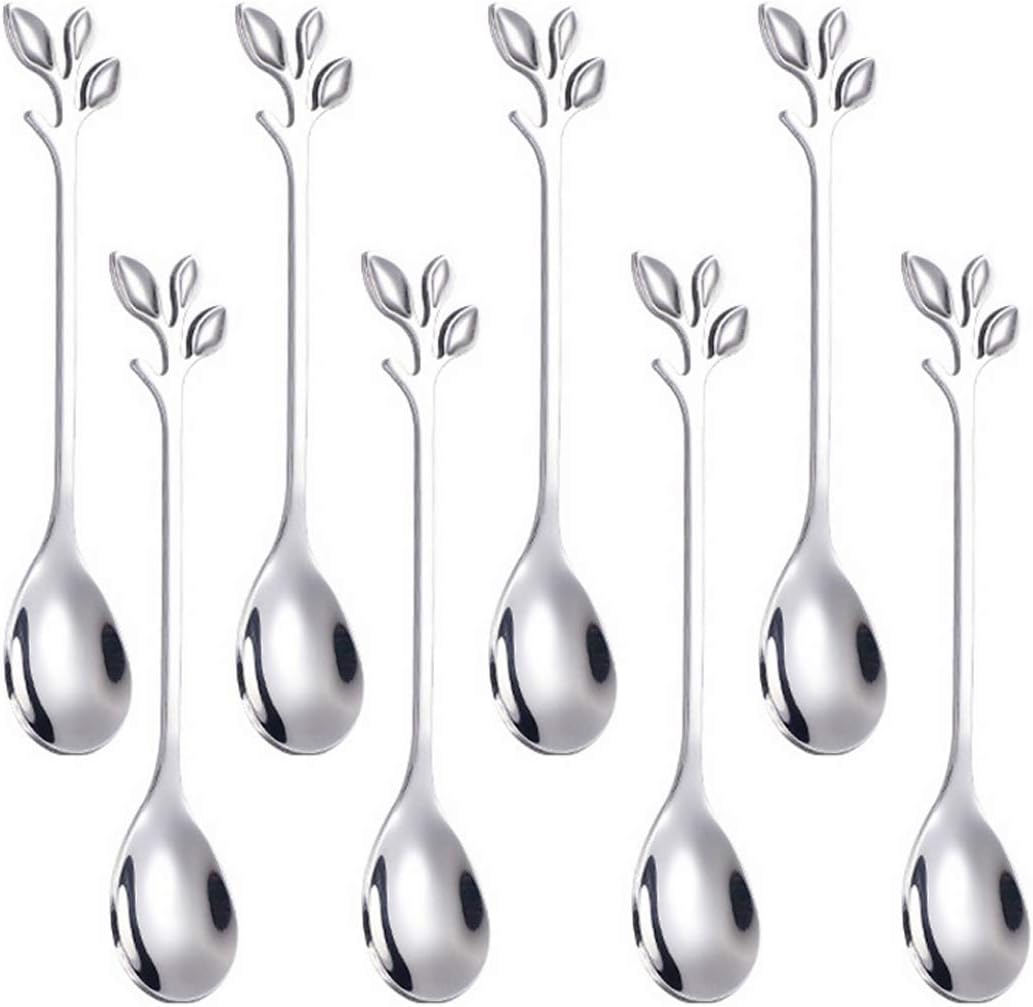 AnSaw 8-Pack Elegant Silver Leaf 4.7" Espresso Spoons - Stainless Steel, Perfect for Coffee, Demitasse, Dessert & Tea, Mini Size for Small Servings