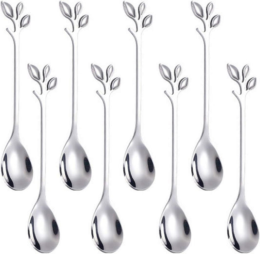 AnSaw 8-Pack Elegant Silver Leaf 4.7" Espresso Spoons - Stainless Steel, Perfect for Coffee, Demitasse, Dessert & Tea, Mini Size for Small Servings