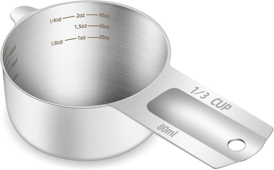 1PCS 1/3Cup (80ml, 2.6oz) Single Measuring Cup, Etched Inner Scale Stainless Steel Measure Scoop, Metric and US Measurement, Dishwasher Safe