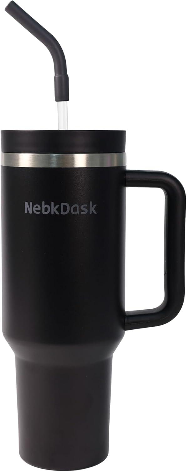 40 oz Water Bottle with Handle & Straw – Insulated Stainless Steel Bottle, Leakproof, Fits in Cup Holder – Reusable Cold Drink Thermos for Women & Men (Black)