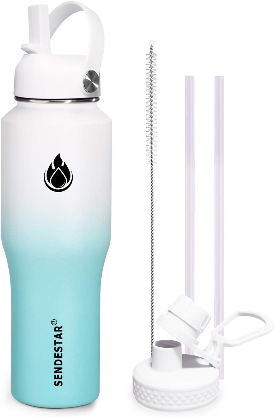 SENDESTAR 32oz Water Bottle Wide Mouth Stainless Steel Vacuum Insulated Double Wall with 2 Straw Lids Fit in Any Car Cup Holder TXIN-32-WT-1