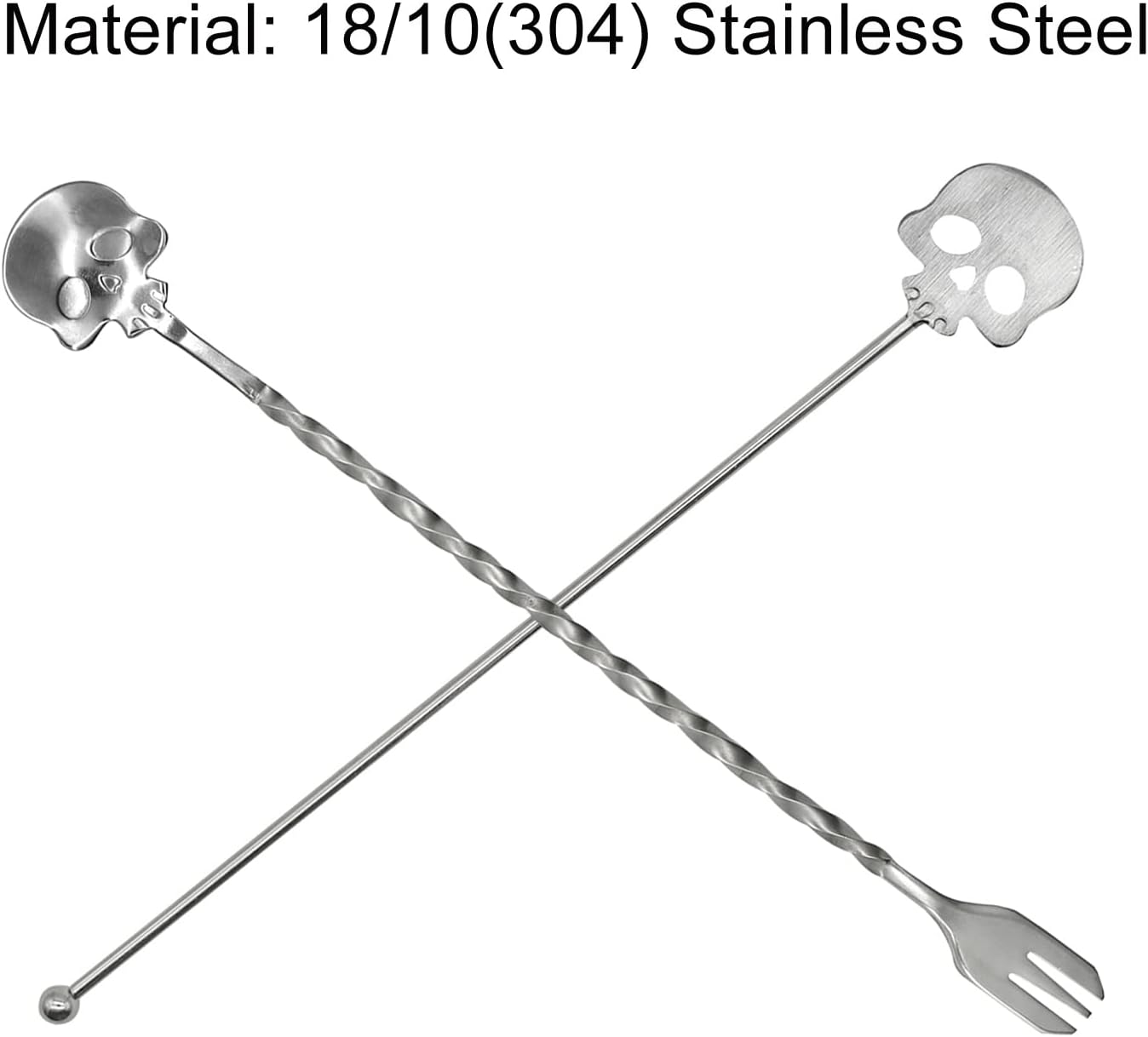 4Pcs Skull Swizzle Stick Bar Spoon Set Reusable Mixing Spoon 18/10(304) Stainless Steel Coffee Stirrer for Bar Home Halloween Party Stirring Cocktail Beverage Drinks