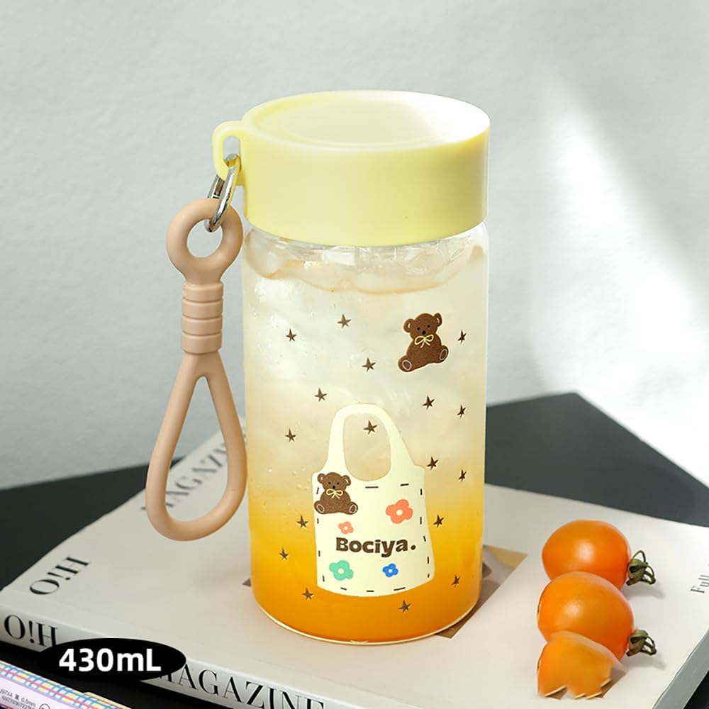 ZZT 2 Sets Of 14.5 OZ Clear Glass Bottles with Lids,Reusable Glass Water Bottle,Yellow and Blue,Leak Proof, Used for Fruit Juice,Tea,Water,Milk,Etc