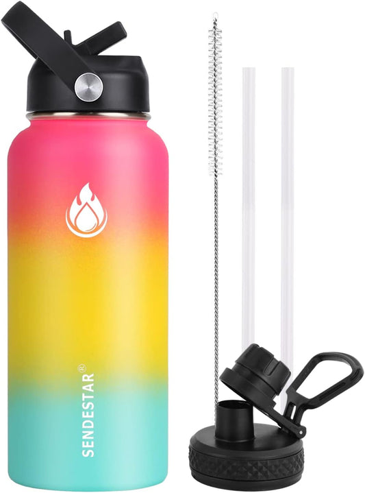 SENDESTAR Water Bottle 32oz Double Wall Vacuum Insulated Leak Proof Stainless Steel Sports Water Bottle—Wide Mouth with New Flex Straw Lid & Spout Lid (Sobert)