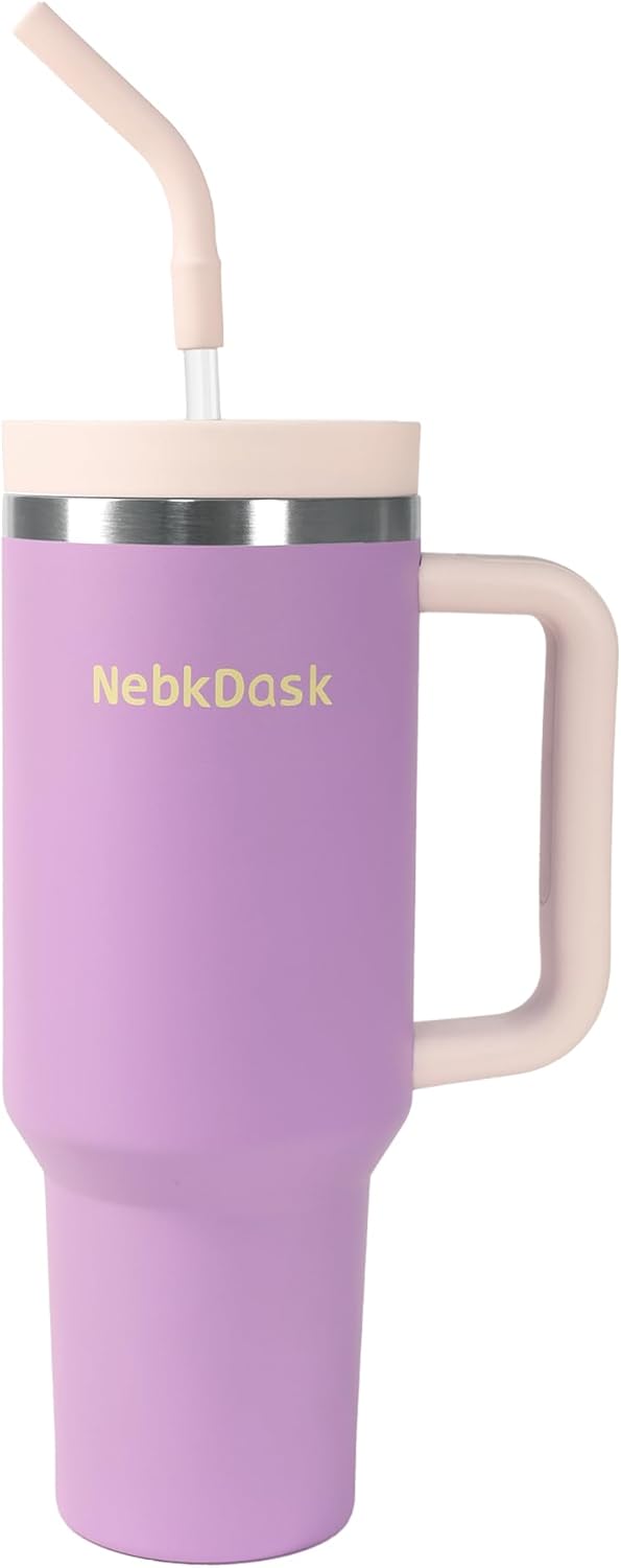 40 oz Water Bottle with Handle & Straw – Insulated Stainless Steel Bottle, Leakproof, Fits in Cup Holder – Reusable Cold Drink Thermos for Women & Men (Purple)