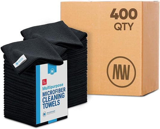 Bulk 12” X 12” All Purpose Microfiber Towels Wholesale - Case Quantity (400 Count) | No Fraying | High Density Microfiber | Zero Chemical Cleaner | Long-Lasting (Black)
