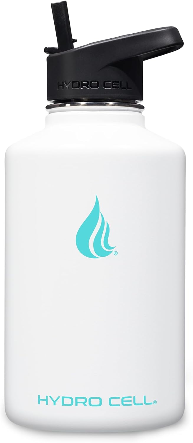 HYDRO CELL Stainless Steel Insulated Water Bottle with Straw - For Cold & Hot Drinks - Metal Vacuum Flask with Screw Cap and Modern Leakproof Sport Thermos for Adults (White 64oz)