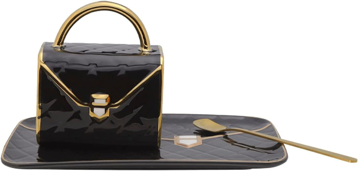 YnsfreeCeramic Purse Coffee Mugs Set Tea Cup Unique Bag shaped mug and Saucer Set with Spoon and Saucer For Women Thanksgiving Christmas Gifts (Black)