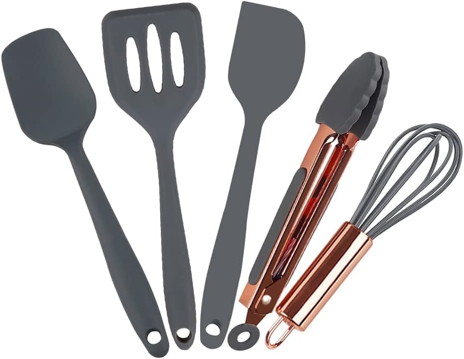 Rose Gold And Grey Mini Kitchen Utensil Small Five-Piece Set Tiny Silicone Kids Kitchen Tools Whisk Spatula Tongs Spoon And Slotted Spatula For Cooking(Kids Baking Supplies) Grey