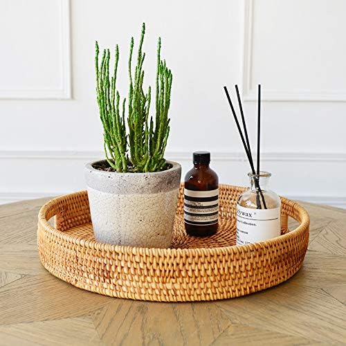 Coffee Table Tray Round Rattan Ottoman Tray Woven Serving Trays with Handles for Home and Kitchen Decorative Natural (Large 16.9 inch)