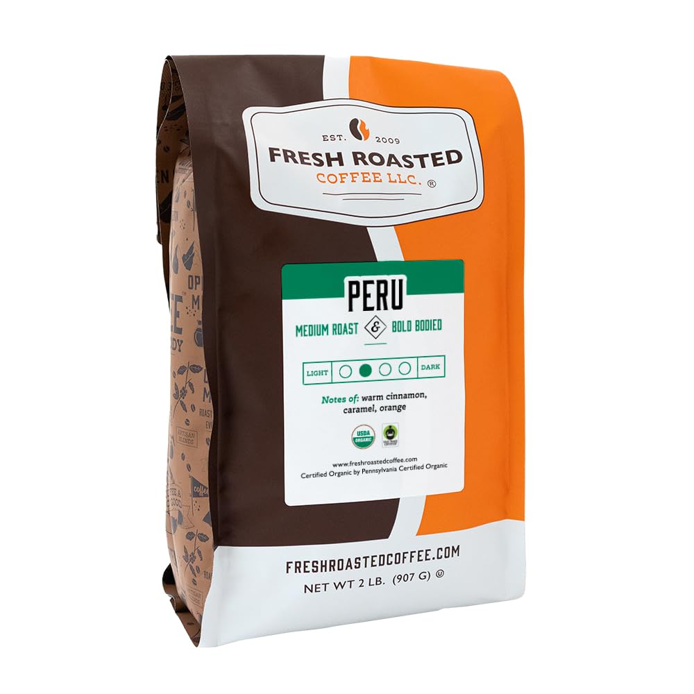 Fresh Roasted Coffee, Organic Peru | Mold & Myco 3rd Party Tested, USDA Organic, Kosher | Med Roast 2 lb (32 oz) Ground