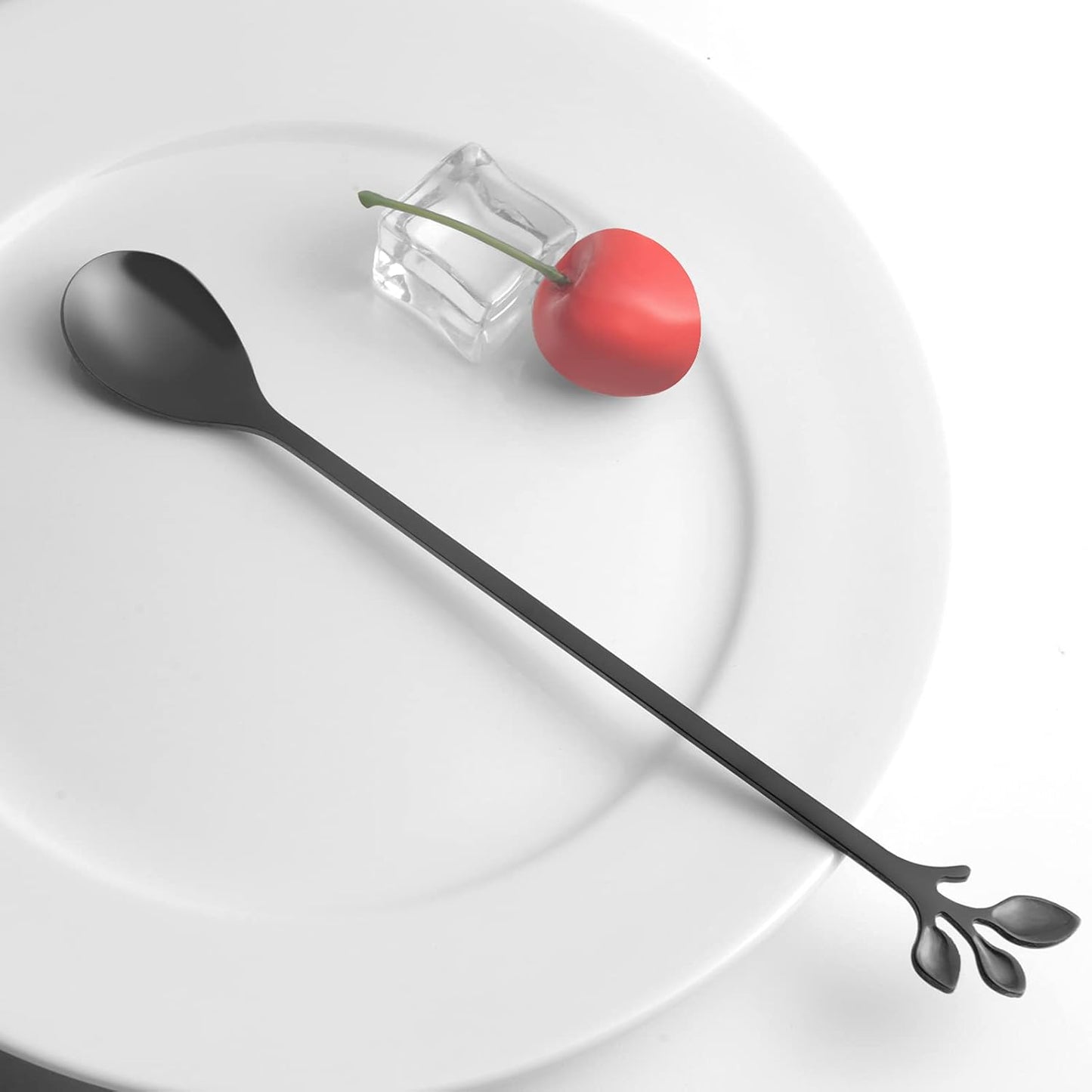 AnSaw 6-Piece Elegant Black Leaf Long Handle Teaspoons - 7.4" Stainless Steel Stir Spoons for Coffee & Tea, Perfect for Mixing & Stirring