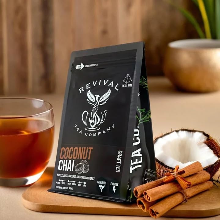 Revival Tea Company Coconut Chai Tea - Black Tea Blend with Fresh Spiced Chai and Coconut Flavor - 24 Tea Bags