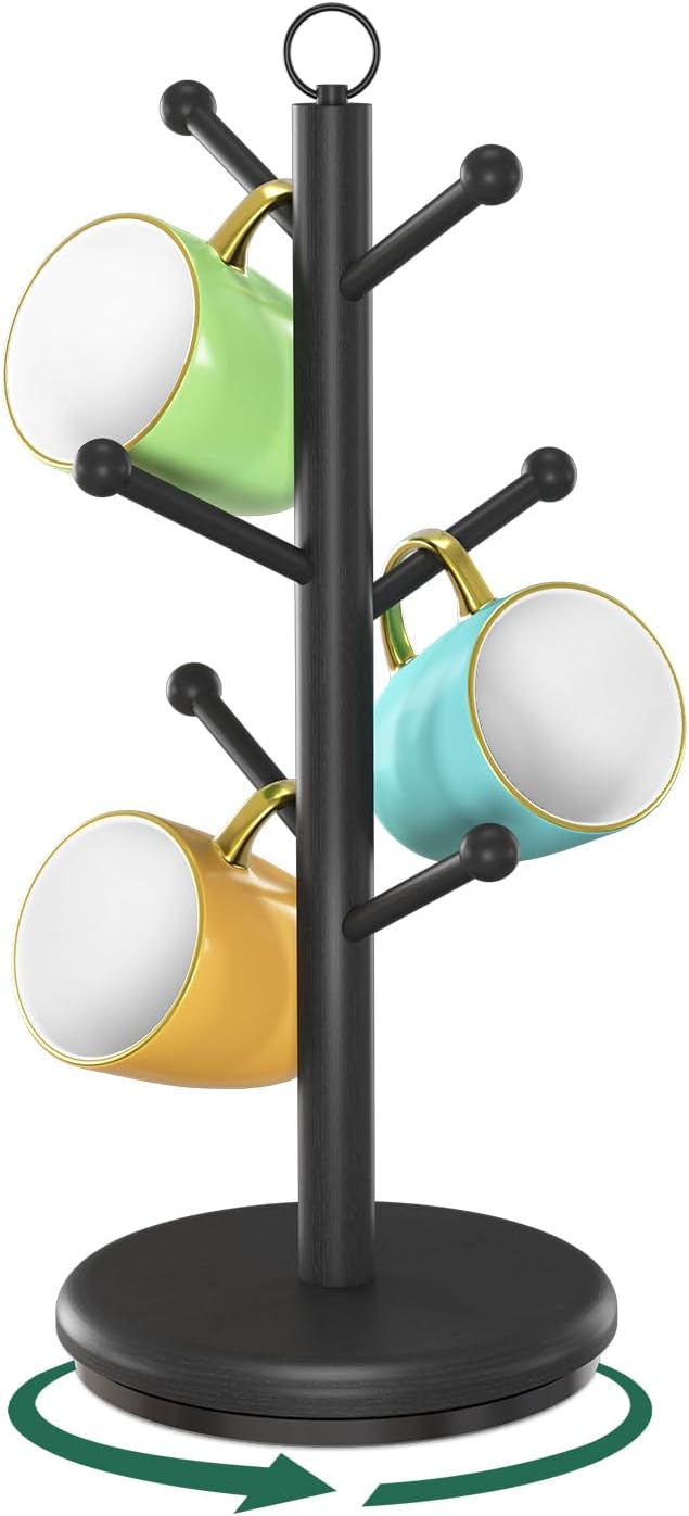 EsLuker.ly Mug Holder Tree Bamboo 360° Rotating Coffee Cup Display Rack with 6 Hooks for Home Kitchen Counter, Upgrade Wood Mug Stand Station Organizer, Building Your Dream Coffee Corner, Black