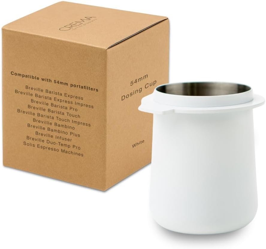 Crema Coffee Products 54mm Dosing Cup | Compatible with Breville Portafilters etc | Durable 100% Stainless Steel | Built-In Grinder Tab for Easy Transfer | Sleek, Mess-Free Design | White Finish