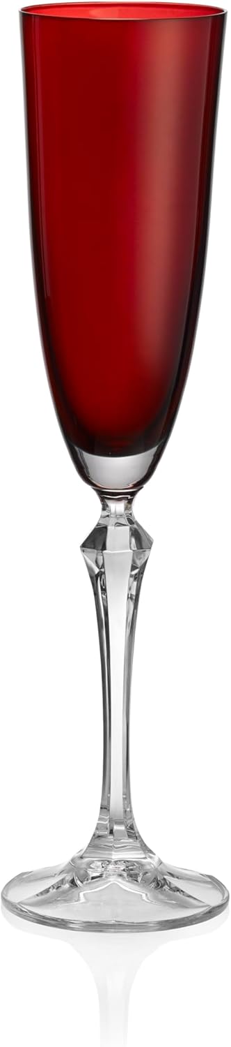 Barski Champagne Flute Glasses - Set of 4 - Ruby (Red) Colored Cup with Clear Stem - Each Glass is 7 oz., for Prosecco, Sparkling Wine, Mimosas, Cocktails, Weddings Anniversaries - Made in Europe