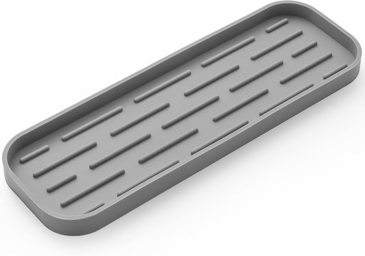 Silicone Kitchen Sink Organizer Tray for Multiple Usage,Eco-Friendly Sponges Holder for Kitchen Bathroom Counter or Sink,Dish Soap Dispenser,Scrubber,Bottle,Cup (Grey, 12"×4")
