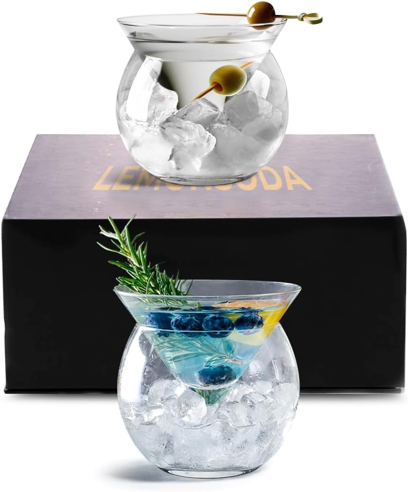 LEMONSODA Stemless Martini Glasses with Chiller - Elegant Cocktail Glass Set with Cavier Server Bowl - Beautiful Bar Martini Gift Set for Margarita, Cosmopolitan, Manhattan Cocktails (Set of 2)