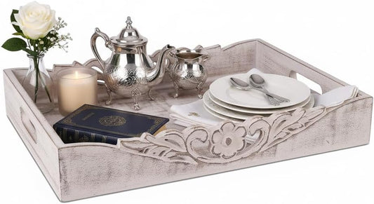 Mela Artisans Distressed White Wooden Decorative Tray with Handles | 16x12x2.5 Mango Wood Ottoman Tray | for Kitchen Countertop | Coffee Table | Snacks | Desserts | Breads | Bedroom Decor