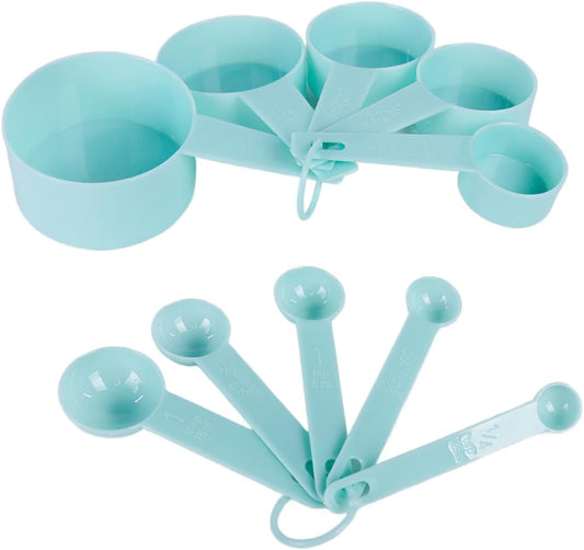 Inmorven 10pcs Measuring Cups and Spoons Set, BPA-Free Plastic Kitchen Baking Tools with Engraved Markings, Stackable Design for Dry & Liquid Ingredients (Green)